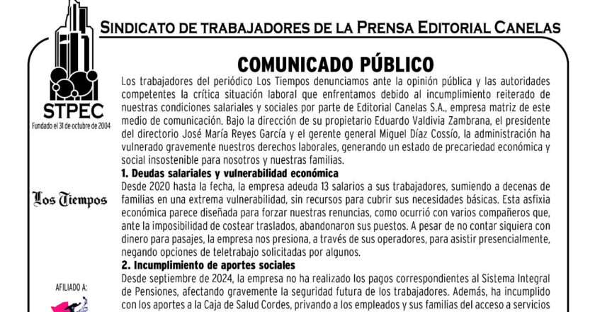 Periodistas denuncian graves abusos laborales e impagos en el diario Los Tiempos